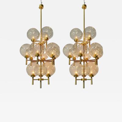 Pair of Monumental Mid Century Modern Style Chandeliers in Amber Glass and Brass
