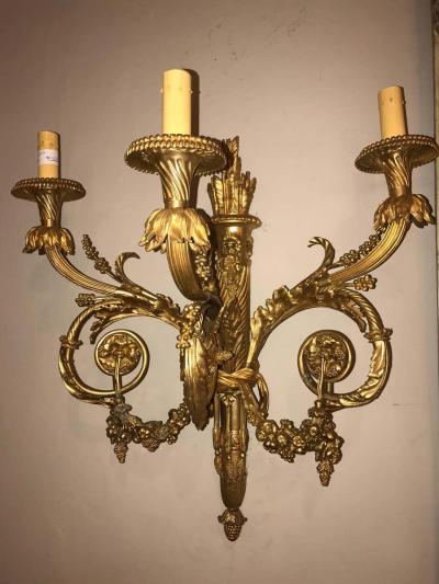 Pair of Monumental Three Light Sconces Solid Bronze Louis XVI Style