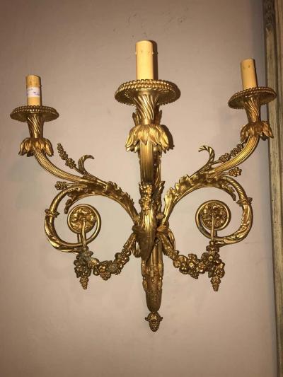 Pair of Monumental Three Light Sconces Solid Bronze Louis XVI Style