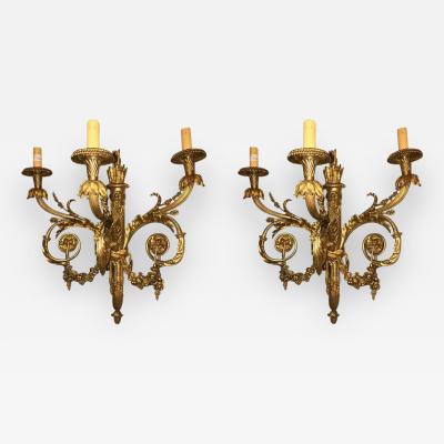 Pair of Monumental Three Light Sconces Solid Bronze Louis XVI Style