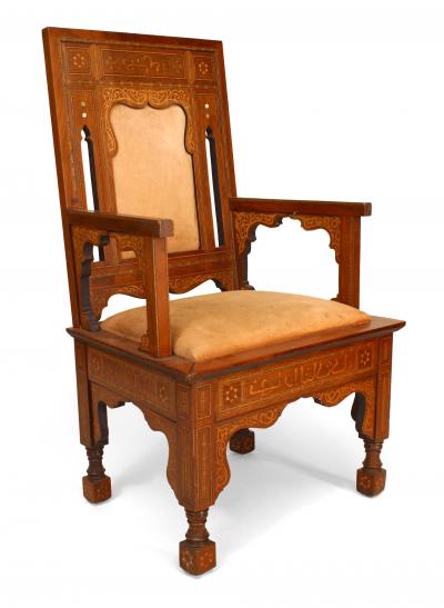 Pair of Moorish Walnut and Suede Arm Chairs