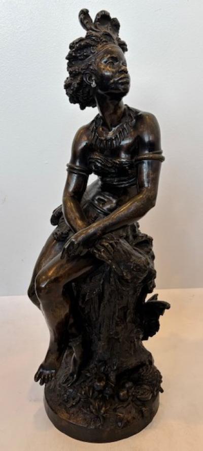 Pair of Moreau French Victorian bronze seated nubian figures with feathers in ha