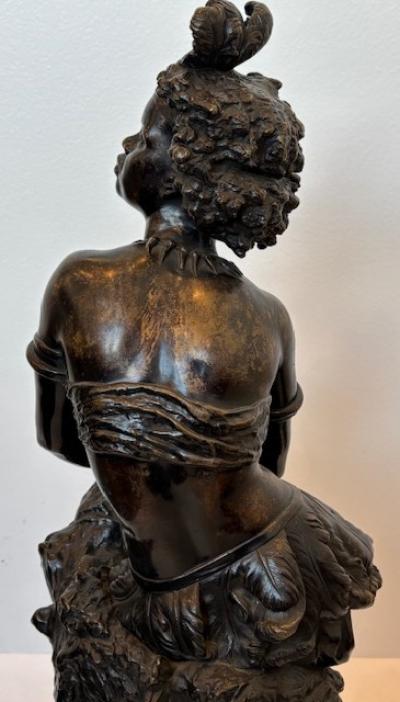 Pair of Moreau French Victorian bronze seated nubian figures with feathers in ha