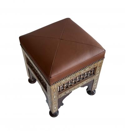 Pair of Moroccan Carved and Inlaid Square Leather Upholstered Stools