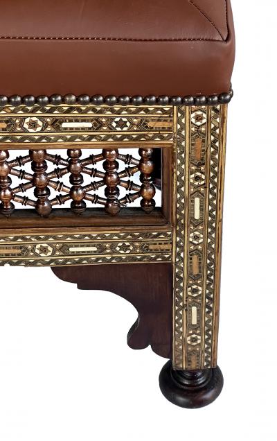 Pair of Moroccan Carved and Inlaid Square Leather Upholstered Stools