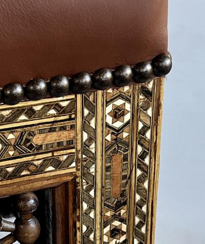 Pair of Moroccan Carved and Inlaid Square Leather Upholstered Stools