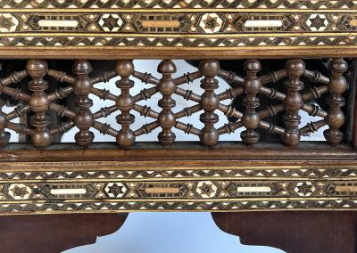 Pair of Moroccan Carved and Inlaid Square Leather Upholstered Stools