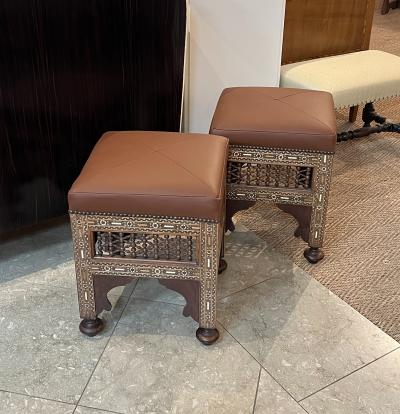 Pair of Moroccan Carved and Inlaid Square Leather Upholstered Stools
