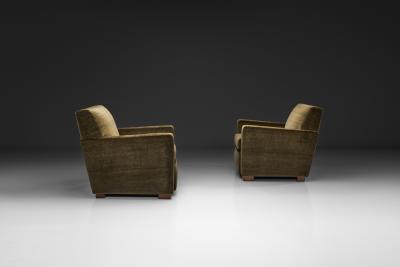 Pair of Moss Green Upholstered Club Chairs Europe First half of the 20th C