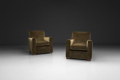 Pair of Moss Green Upholstered Club Chairs Europe First half of the 20th C