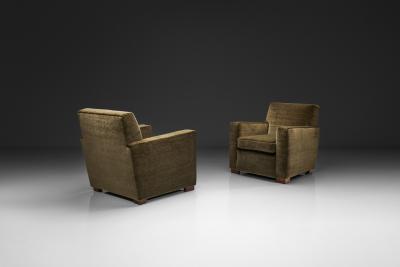 Pair of Moss Green Upholstered Club Chairs Europe First half of the 20th C