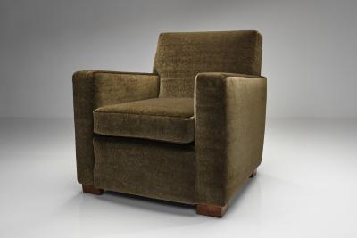Pair of Moss Green Upholstered Club Chairs Europe First half of the 20th C