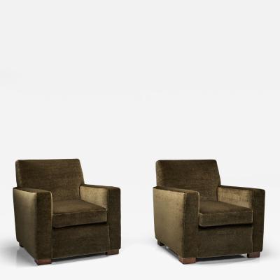 Pair of Moss Green Upholstered Club Chairs Europe First half of the 20th C