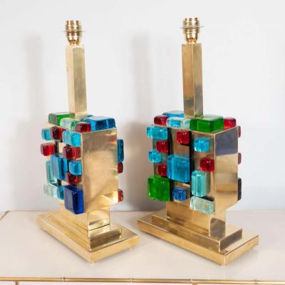 Pair of Multicolored Murano Glass and Brass Geometric Square Lamps Italy 2019