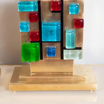 Pair of Multicolored Murano Glass and Brass Geometric Square Lamps Italy 2019