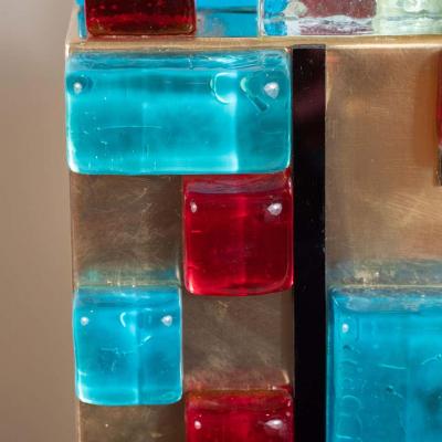 Pair of Multicolored Murano Glass and Brass Geometric Square Lamps Italy 2019