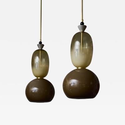 Pair of Murano Glass Brown and Smoked Suspensions with Brass Accents
