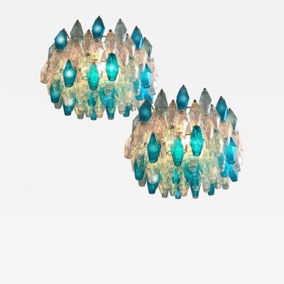 Pair of Murano Glass Poliedri Colored Chandelier in the Style of Carlo Scarpa