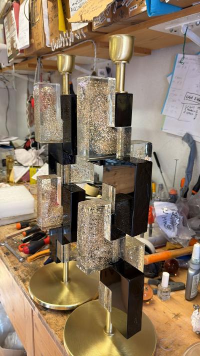 Pair of Murano Glass Table Lamps with 24K Gold and Black Glass Blocks Italy