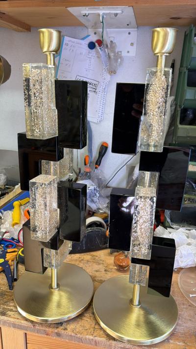 Pair of Murano Glass Table Lamps with 24K Gold and Black Glass Blocks Italy