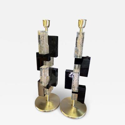Pair of Murano Glass Table Lamps with 24K Gold and Black Glass Blocks Italy