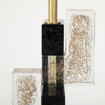 Pair of Murano Glass Table Lamps with 24K Gold and Black Glass Blocks Italy