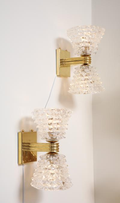 Pair of Murano Rostrato Glass and Unlacquered Brass Sconces Italy