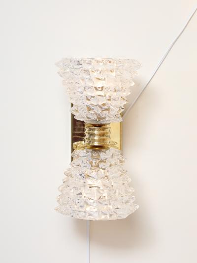Pair of Murano Rostrato Glass and Unlacquered Brass Sconces Italy