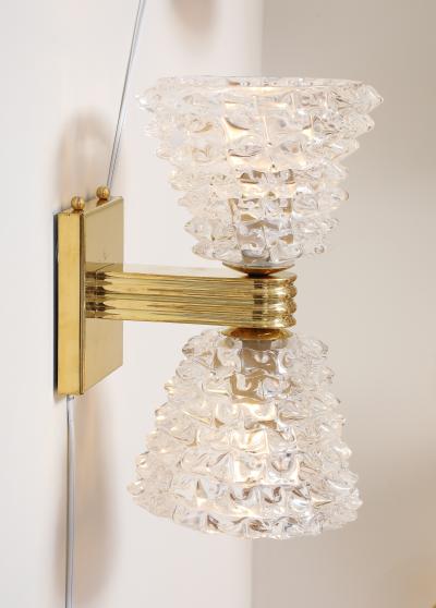 Pair of Murano Rostrato Glass and Unlacquered Brass Sconces Italy