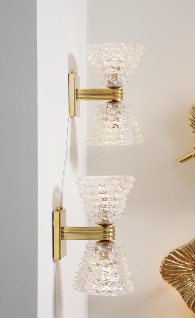 Pair of Murano Rostrato Glass and Unlacquered Brass Sconces Italy