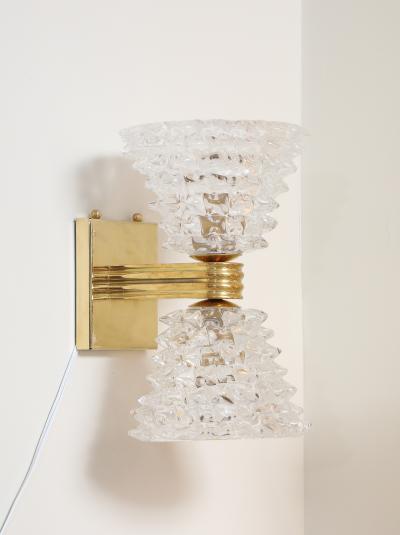Pair of Murano Rostrato Glass and Unlacquered Brass Sconces Italy