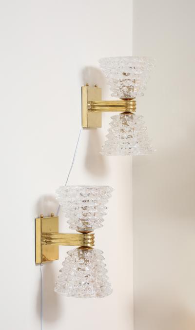 Pair of Murano Rostrato Glass and Unlacquered Brass Sconces Italy