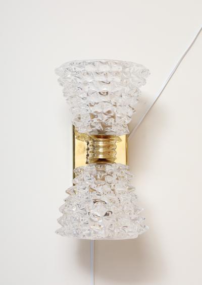 Pair of Murano Rostrato Glass and Unlacquered Brass Sconces Italy