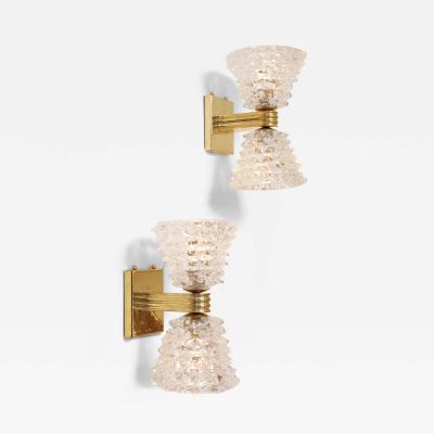 Pair of Murano Rostrato Glass and Unlacquered Brass Sconces Italy