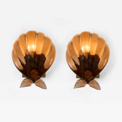 Pair of Murano bronze glass scallop shell wall lghts