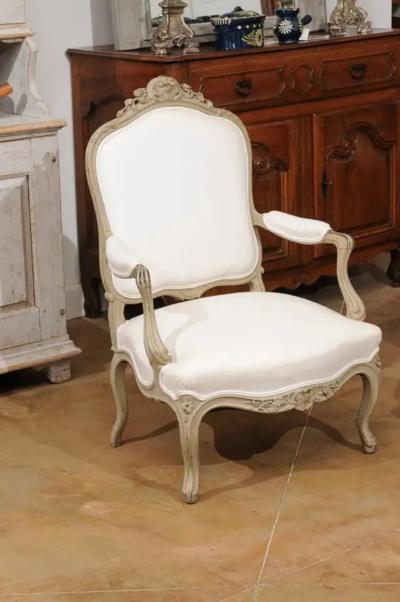Pair of Napol on III 1850s Painted and Upholstered Armchairs with Carved Flowers