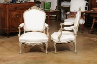 Pair of Napol on III 1850s Painted and Upholstered Armchairs with Carved Flowers
