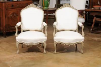 Pair of Napol on III 1850s Painted and Upholstered Armchairs with Carved Flowers