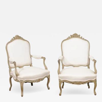 Pair of Napol on III 1850s Painted and Upholstered Armchairs with Carved Flowers