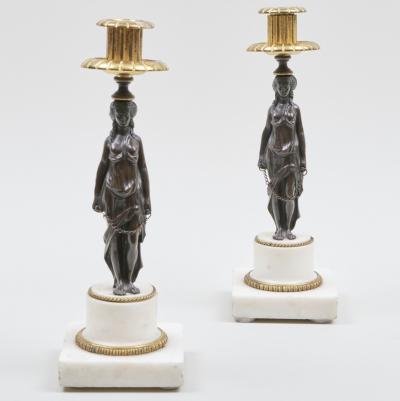Pair of Napoleon III Gilt Patinated Bronze Marble Caryatid Candlesticks