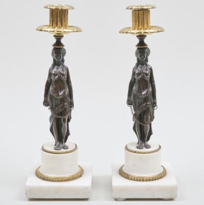 Pair of Napoleon III Gilt Patinated Bronze Marble Caryatid Candlesticks