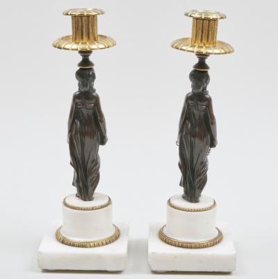 Pair of Napoleon III Gilt Patinated Bronze Marble Caryatid Candlesticks