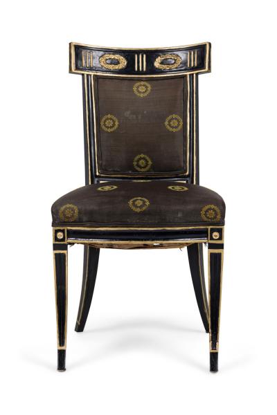 Pair of Neo Classic Black Painted and Gilt Upholstered Dining Side Chairs