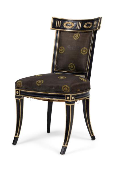 Pair of Neo Classic Black Painted and Gilt Upholstered Dining Side Chairs