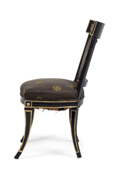 Pair of Neo Classic Black Painted and Gilt Upholstered Dining Side Chairs