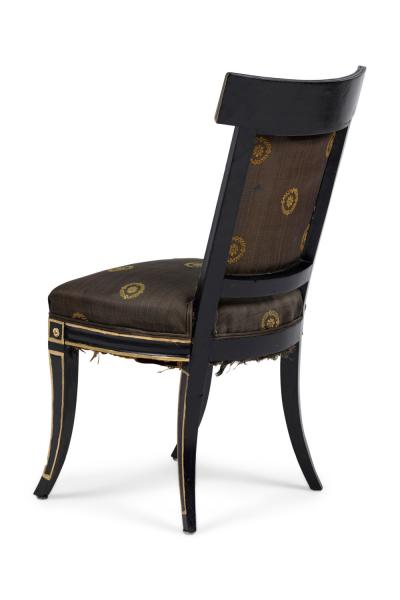 Pair of Neo Classic Black Painted and Gilt Upholstered Dining Side Chairs