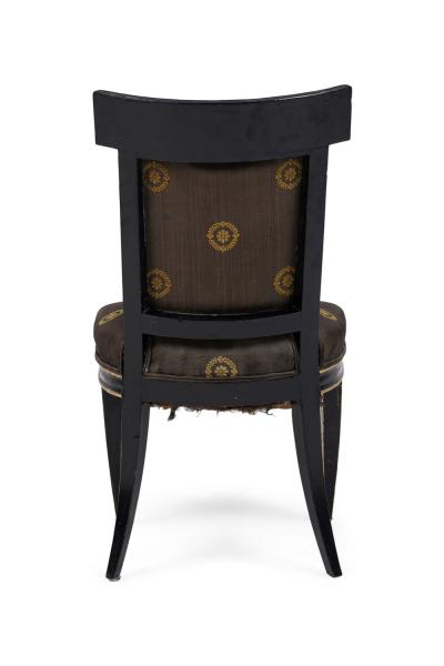 Pair of Neo Classic Black Painted and Gilt Upholstered Dining Side Chairs