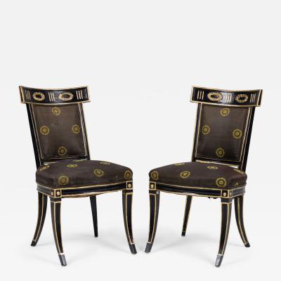 Pair of Neo Classic Black Painted and Gilt Upholstered Dining Side Chairs