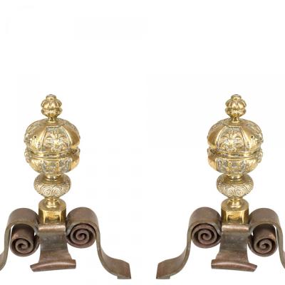 Pair of Neo Classic Large Brass Andirons