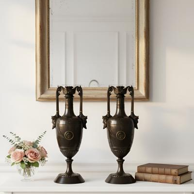 Pair of Neo Greco Bronze and Marble Urns Vases with Candlestick circa 1880